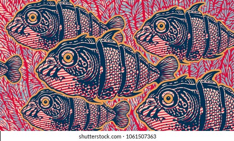 Surreal Design With Hand Drawn Fish Cut Into Slices And Abstract Background With Coral. Vector Illustration. aspect ratio 16:9