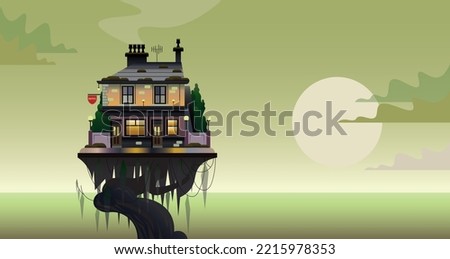A surreal, detailed vector illustration of a dark, two-story building with lit windows, suspended in the air. A full moon is visible in the background against a hazy, clouded sky