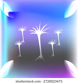 A surreal digital illustration featuring stylized white palm tree silhouettes against a vibrant blue, purple, and black gradient background. The composition includes glowing leaf-like corner elements and ethereal light leaks, creating a futuristic, vaporwave-inspired atmosphere perfect for modern tech or music projects.