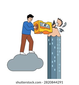 Surreal digital illustration of a man standing on a cloud using a giant pencil sharpener to sharpen a massive pencil shaped like a skyscraper