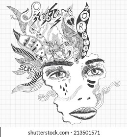 Surreal doodle sketch of a young woman experiencing huge stress and depression