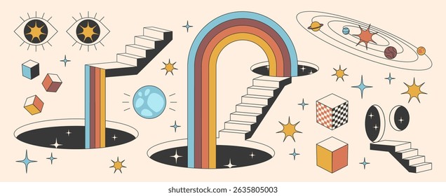 Surreal door portal collection with colorful rainbow arches, floating geometric cubes, staircases leading into dark voids, mystical eyes, planetary orbits, sparkling stars and dimensional gateways.