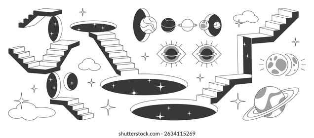 Surreal door portal elements collection - mystical staircases leading to cosmic gateways, floating eyes, planets with rings, starry voids and clouds. Monochrome abstract design for fantasy worlds.