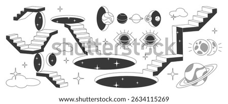 Surreal door portal elements collection - mystical staircases leading to cosmic gateways, floating eyes, planets with rings, starry voids and clouds. Monochrome abstract design for fantasy worlds.