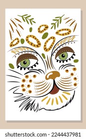 Surreal drawing cat abstract ethnic style. Wall Art Print Poster Painting. Decorative modern image Animal naive style. Vector illustration isolated