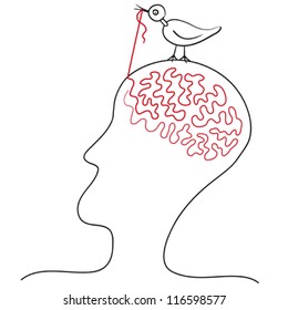 Surreal drawing of profile head with wire in shape of brain, bird pulls the thread, vector illustration