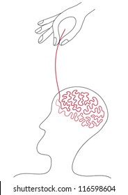 Surreal drawing of profile head with wire in shape of brain, hand pulling the thread, vector illustration, manipulate ideas