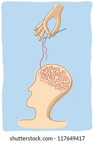 Surreal drawing of profile head with wire in shape of brain, hand with needle and thread, vector illustration