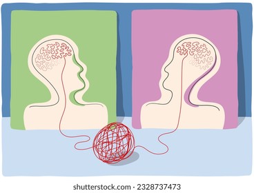 Surreal drawing of profile heads with wire in shape of brain, tied with thread, vector illustration