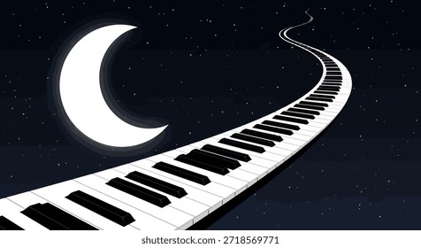 Una Imagen surrealista y onírica con un camino sinuoso hecho de teclas de piano bajo una luna creciente y un cielo estrellado. Esta obra de arte mezcla la música con los Elementos cósmicos, creando una sensación de viaje y