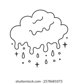 Surreal Dripping Cloud with Drops and Stars. Hand drawn vector illustration. Melting weather symbol. Psychedelic surrealism line art