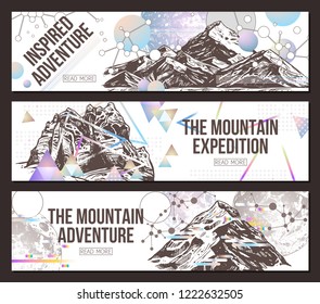 Surreal and eclectic illustrations and templates about mountains adventure, tourism and expedition. Vector three horizontal banners with sketch engrawed rocks with trendy geometric abstract background