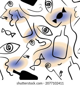 Surreal ector seamless pattern with the eye, flower, candy, bottle