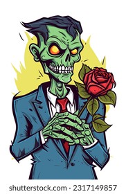 Surreal and enchanting, this illustration portrays the unexpected blend of romance and the undead, with zombie lovers surrounded by vibrant roses
