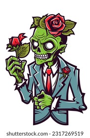 Surreal and enchanting, this illustration portrays the unexpected blend of romance and the undead, with zombie lovers surrounded by vibrant roses
