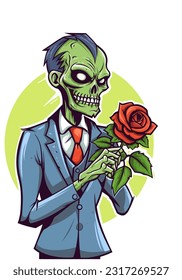 Surreal and enchanting, this illustration portrays the unexpected blend of romance and the undead, with zombie lovers surrounded by vibrant roses