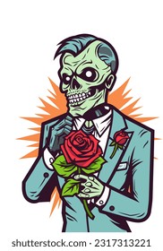 Surrealista y encantador, esta ilustración retrata la inesperada mezcla de romanticismo y los no-muertos, con amantes zombie rodeados de rosas vibrantes