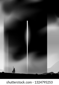 Surreal Epic Journey Illustration, Traveler Standing In Front Of Magical Dark Tower