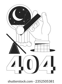 Mensaje de error surrealista esotérico blanco negro 404 flash. Esfera de caída. Ventana de cascada. Diseño monocromo de estado vacío ui. Página no encontrada imagen emergente de caricatura. Concepto de ilustración de contorno plano vectorial