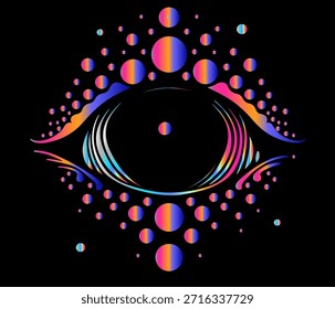 Ojo surrealista con una pupila negra rodeada por rayos de iris degradados de arco iris, rodeada por esferas holográficas dispersas en forma de burbuja. Ilustración conceptual para visión, percepción, arte psicodélico.