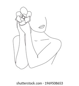 Surreal Face Continuous line, dibujo facial y peinado con flor, concepto de moda, mujer belleza minimalista, ilustración vectorial bastante sexy. Retrato contemporáneo