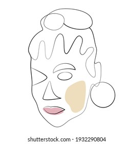 Surreal face with earring and pink lips. Irregular line and shapes. Modern portrait of female beauty. Fashion trend, elegant minimalist style. Hand-drawn vector. For backgrounds, printing on a T-shirt