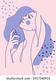 Surreal Face line art. Vector illustration. Abstract modern face portrait. Minimalistic female portrait and perfume. Continuous line. Vector illustration. Trendy design for slogan, design, print, web.