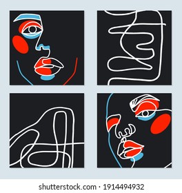 Surreal Face painting. One Line art posters. Female contour silhouette. Continuous drawing. Abstract woman Contemporary portrait. Fashion minimalist graphic design. Vector Artwork. Neon bright colors.