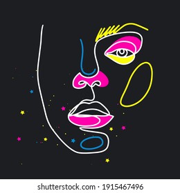 Surreal Face painting. One Line art poster. Female contour silhouette. Continuous drawing. Abstract woman Contemporary portrait. Fashion minimalist graphic design. Vector Artwork. Neon bright colors.