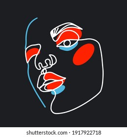 Surreal Face painting. One Line art poster. Female contour silhouette. Continuous drawing. Abstract woman Contemporary portrait. Fashion minimalist graphic design. Vector Artwork.