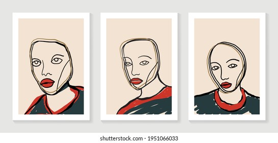 Surreal faces abstract art background vector. Portrait abstract face one line drawing with modern continuous line art and abstract geometric art style. Good for poster, wall art, print, cover design.