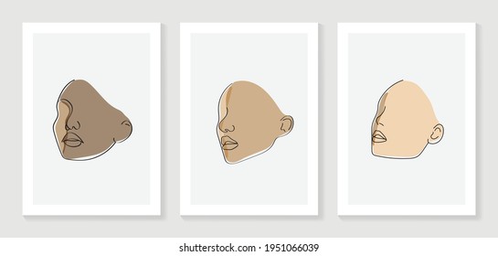 Surreal faces abstract art background vector. Portrait abstract face one line drawing with modern continuous line art and abstract geometric art style. Good for poster, wall art, print, cover design.