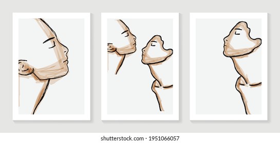 Surreal faces abstract art background vector. Portrait abstract face one line drawing with modern continuous line art and abstract geometric art style. Good for poster, wall art, print, cover design.