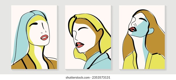 Surreal faces abstract art background vector. Portrait abstract face one line drawing with modern continuous line art and abstract geometric art style. Good for poster, wall art, cover, cafe,interior.