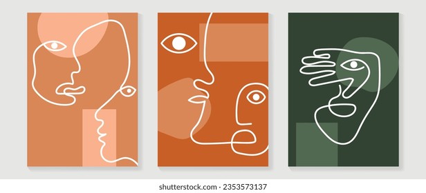 Surreal se enfrenta al vector de fondo de arte abstracto. Retrato de dibujo abstracto de una línea con el arte de la línea continua moderna y el estilo de arte geométrico abstracto. Es bueno para los afiches, las paredes de arte, la cubierta, la cafetería, el interior.