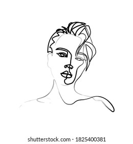 una línea, dibujo de rostros y peinados, concepto de moda, mujer belleza minimalista, ilustración vectorial 