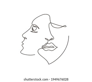 Surreal Faces Continuous line, drawing of set faces and hairstyle, fashion concept, woman beauty minimalist, vector illustration. Poster and wall art design outline design concept.