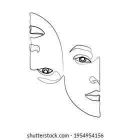 Surreal Faces Continuous line, dibujo de rostros y peinado, concepto de moda, mujer belleza minimalista, ilustración vectorial bastante sexy. Retrato contemporáneo