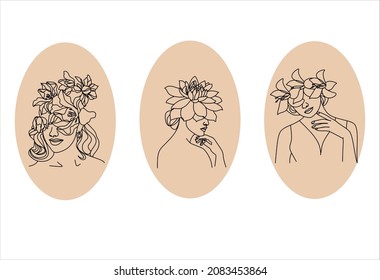Surreal faces Continuous line drawing of faces and flowers, fashion concept, minimalist woman beauty, beautiful vector illustration. Modern portrait