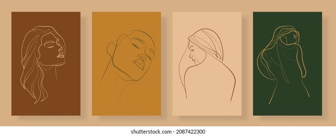 Surreal Faces Continuous line, dibujo de rostros y peinado, concepto de moda, mujer belleza minimalista, ilustración vectorial bastante sexy. Retrato contemporáneo

