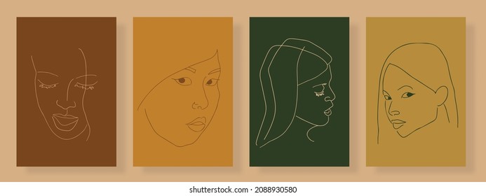 Surreal Faces Continuous line, drawing of set faces and hairstyle, fashion concept, woman beauty minimalist, vector illustration pretty sexy. Contemporary portrait