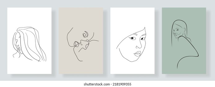 Surreal Faces Continuous line, drawing of set faces and hairstyles, fashion concept, woman's beauty, minimalist, vector illustration, pretty sexy. Take care of yourself.