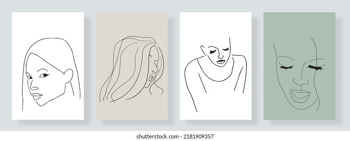 Surreal Faces Continuous line, drawing of set faces and hairstyles, fashion concept, woman's beauty, minimalist, vector illustration, pretty sexy. Take care of yourself.