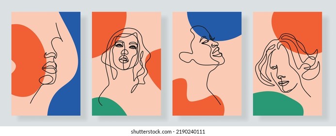 Surreal Faces Continuous line, drawing of set faces and hairstyles, fashion concept, woman's beauty, minimalist, vector illustration, pretty . Take care of yourself.