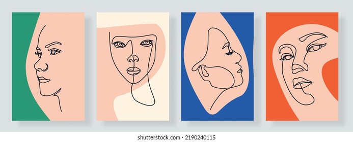 Surreal Faces Continuous line, drawing of set faces and hairstyles, fashion concept, woman's beauty, minimalist, vector illustration, pretty. Take care of yourself.