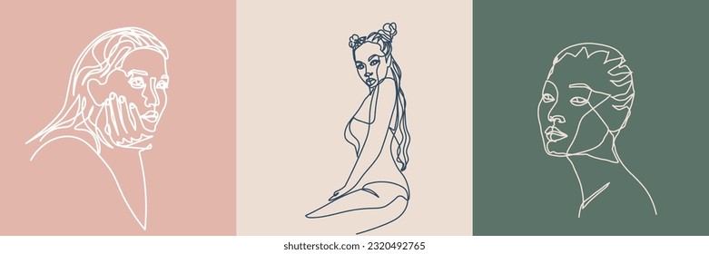 Surreal Faces Continuous line, dibujo de caras y peinados, concepto de moda, belleza de la mujer, minimalista, ilustración vectorial, bastante sexy. Ama y cuídate.