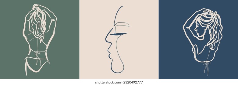Surreal Faces Continuous line, drawing of set faces and hairstyles, fashion concept, woman's beauty, minimalist, vector illustration, pretty sexy. Love yourself and take care of yourself.