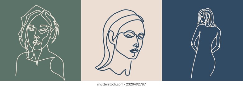 Surreal Faces Continuous line, drawing of set faces and hairstyles, fashion concept, woman's beauty, minimalist, vector illustration, pretty sexy. Love yourself and take care of yourself.