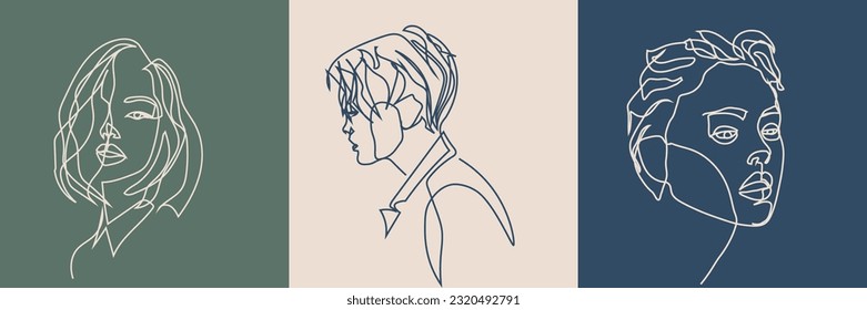 Surreal Faces Continuous line, drawing of set faces and hairstyles, fashion concept, woman's beauty, minimalist, vector illustration, pretty sexy. Love yourself and take care of yourself.