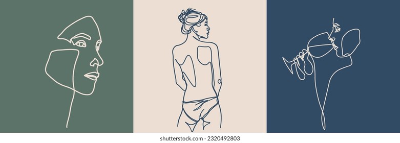 Surreal Faces Continuous line, drawing of set faces and hairstyles, fashion concept, woman's beauty, minimalist, vector illustration, pretty sexy. Love yourself and take care of yourself.